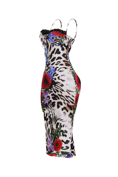 Kiran Leopard Flower Print Midi Dress